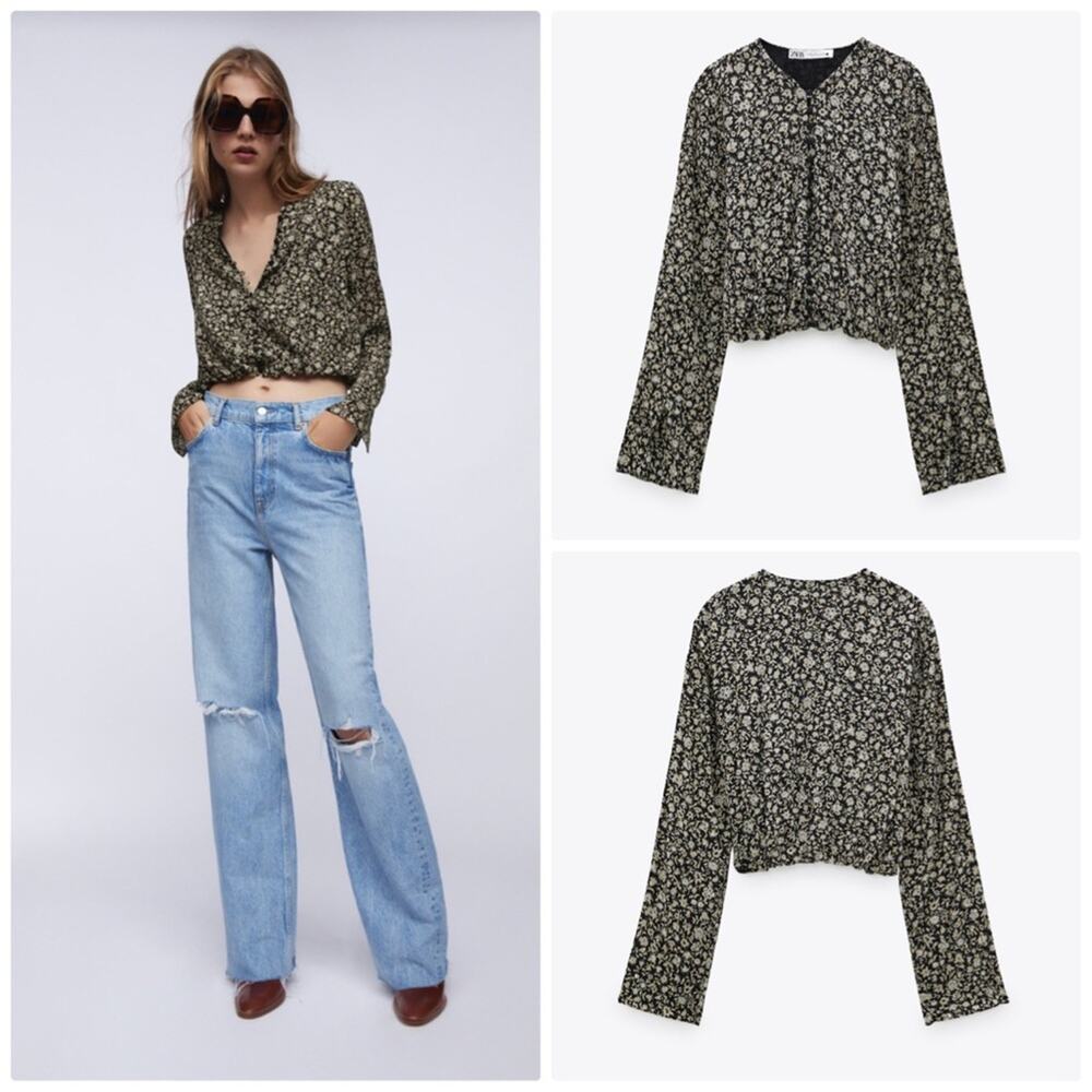 Zara Womens Black Print Crop Top Longsleeve Slit Cuff Round Collar SZ Small NEW